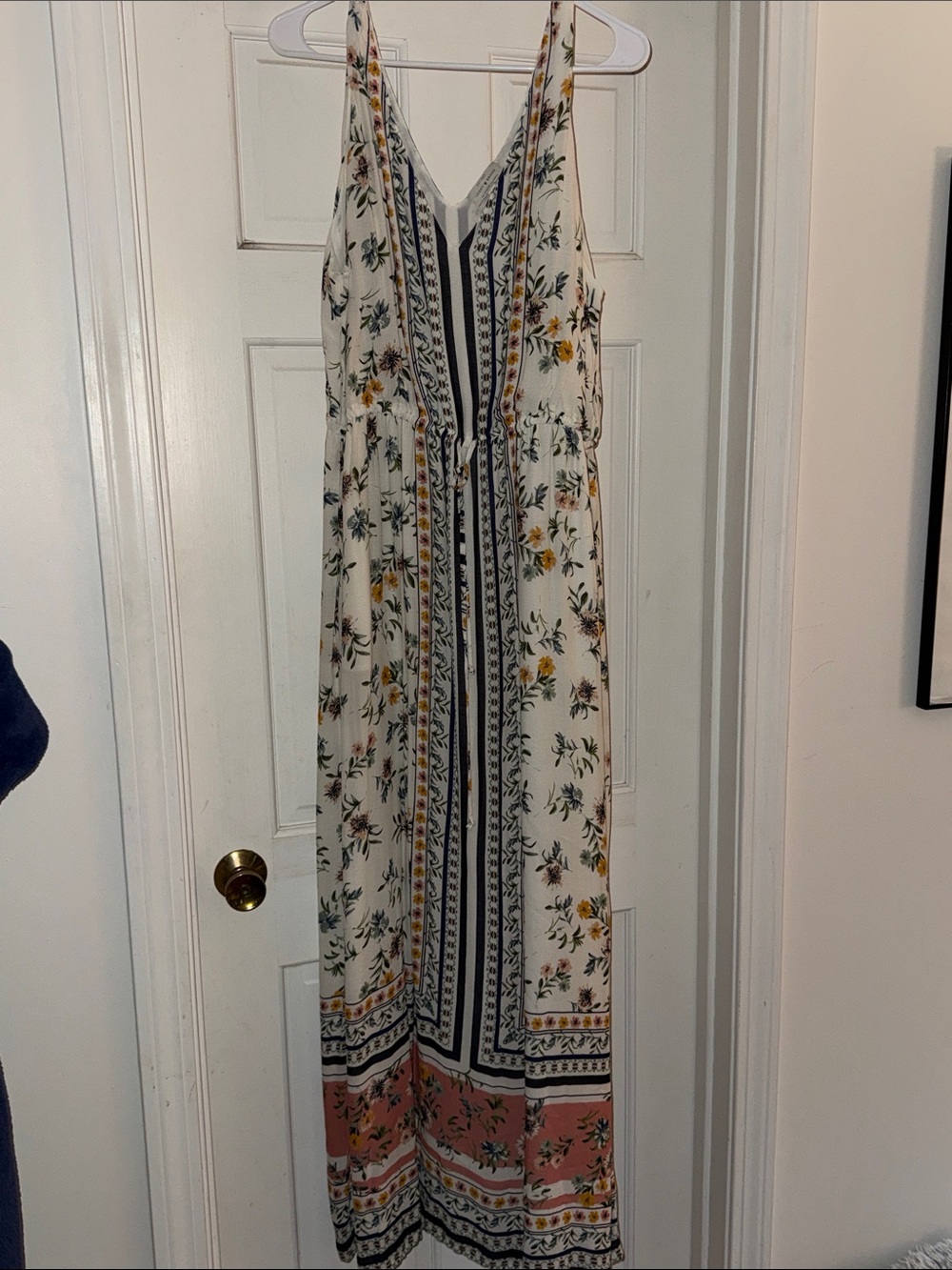 Lucky Brand Cream Maxi Dress with Pink and Navy Floral Borders